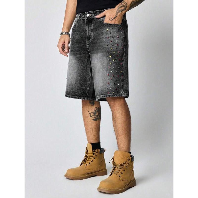 (Gold promotion)ROMWE MEN Street Life Men's Colorful Diamond Loose Denim Shorts Jorts
