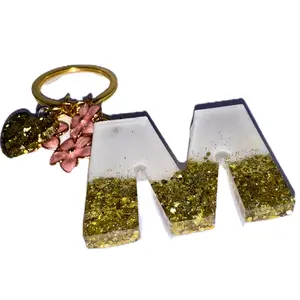 Personalized Resin Initial Keychain, Gold Glitter Letter with Floral Charms, Bag Accessories