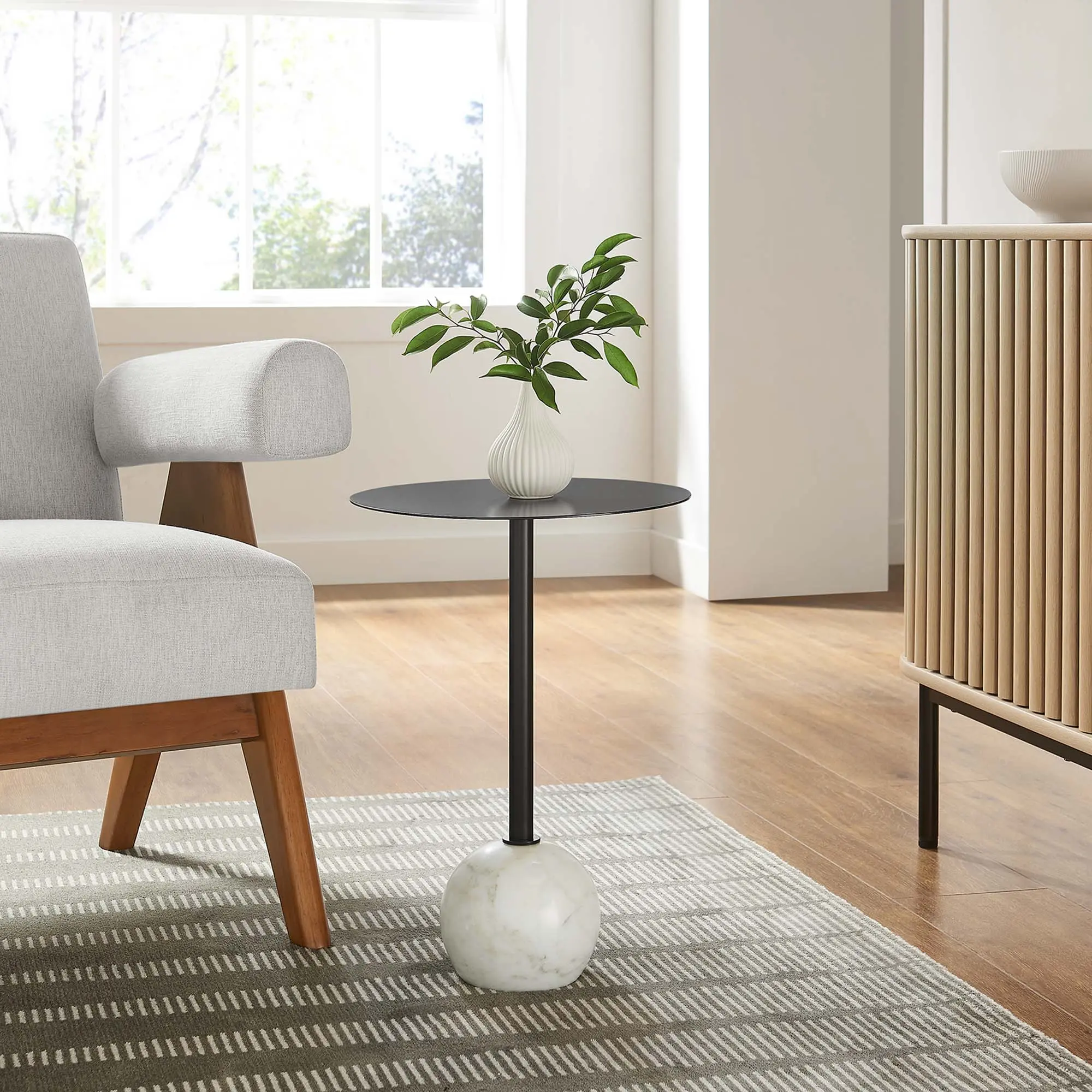 Modway Aliza Modern-Retro Round Top Acacia Wood Side Table - White Black, Marble Base, Iron Frame, Non-Marking Pad, Sleek Surfaces, Compact Integrated Living Room Piece, Studio Apartment Furniture, 99lbs Weight Capacity, Requires Assembly