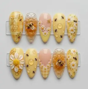 Handmade Honeycomb Press On Nails | 3D Honey Bee & Daisy Nail Art | Sweet Yellow Gingham Garden Nails