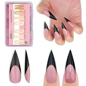 NOVO OVO Black French Tip Long XL Sharp Stiletto Nail Tips Press on BERRY PINK, Soft Gel Double Matte Fake Nail Extension, Full Cover False Nails for Acrylic DIY x 16 Sizes 160 pcs【NO GLUE ,TOP COATAND LAMP INCLUDED】