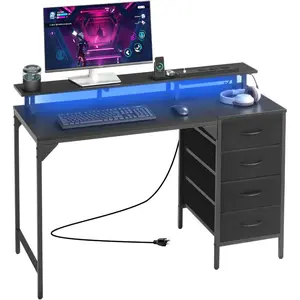 VEVOR 47 Gaming Desk with LED Lights Power Outlets, Computer Desk with Monitor Stand 2-Tier Storage Sheves, Study Work for Home Office, BlackVEVOR Super Brand Day