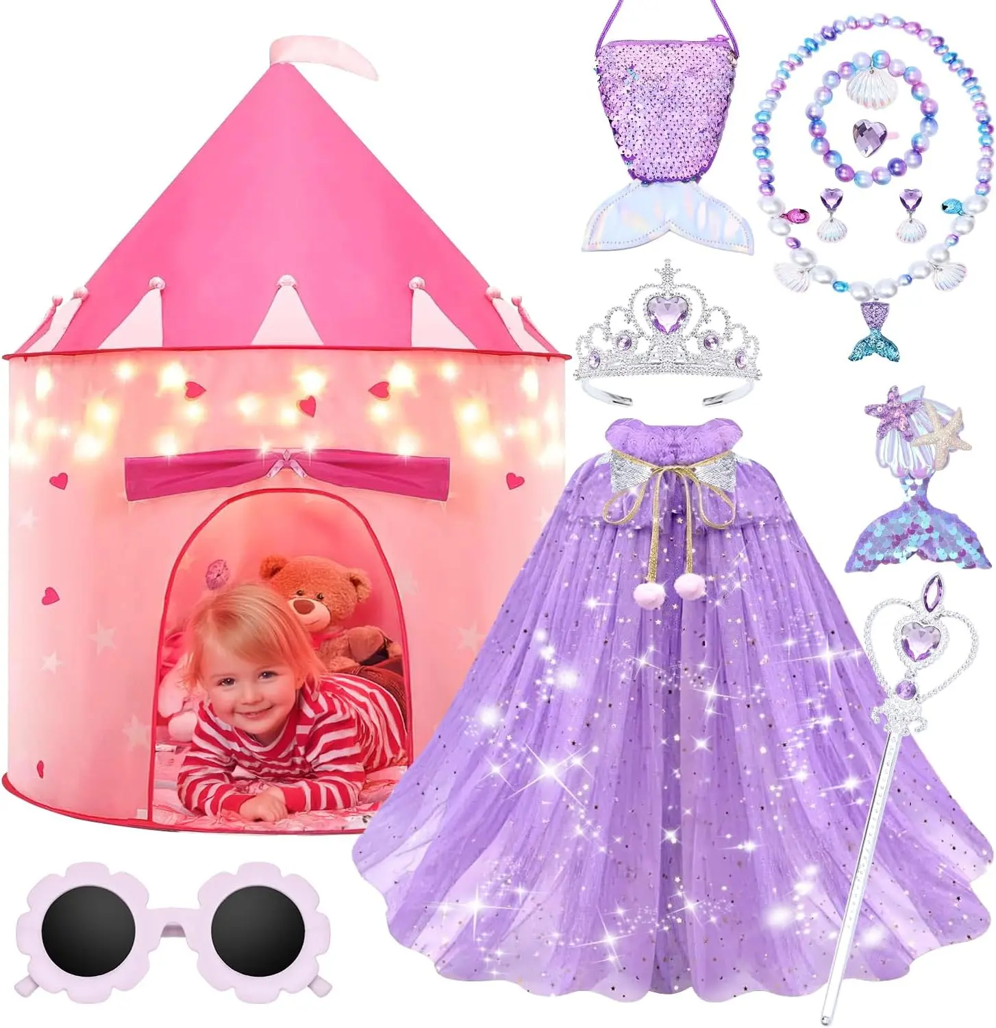 13-Piece Princess Castle Play Tent with LED Star Lights & Dress-Up Set (Crown Included) Indoor/Outdoor Girls Castle Playhouse Tent for Little Girls, Perfect Christmas Gift