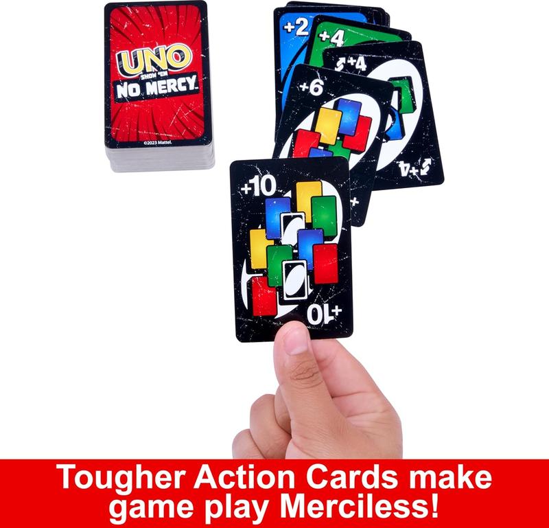 Mattel Games UNO Show ‘em No Mercy Card Game in Storage & Travel Tin for Kids, Adults & Family Night with Extra Cards, Special Rules & Tougher Penalties (Amazon Exclusive)