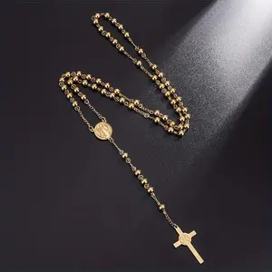 Golden Plated Stainless Steel 1pc Priest Saint Benedict Rosary Necklace Pendant - Jewelry For Men