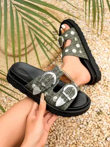 2026 Summer New Denim Fabric Platform Sandals, Dual Buckle Strap Rivet Design, Outdoor Wear Slippers, Fashionable Footwear for Women