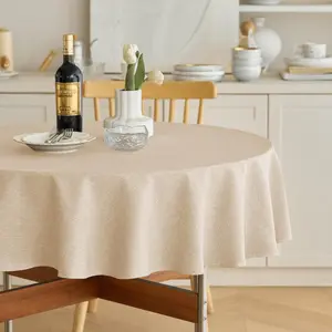 Faux Linen Round Table Cloth 60 inch, Waterproof Decorative Fabric Anti-Scratch Texture Round Tablecloth Cover for Dining, Kitchen & Outdoor Table (60 Inch, Round (2-4 Seats), Beige)