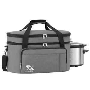 Golkcurx Double Layer Slow Cooker Bag for 6-8 Quart Oval CrockPot and Hamilton Beach Models, with Padded Adjustable Strap, Top Zip Compartment, and Front Pocket for Utensils(Bag Only) Aluminium Organiser