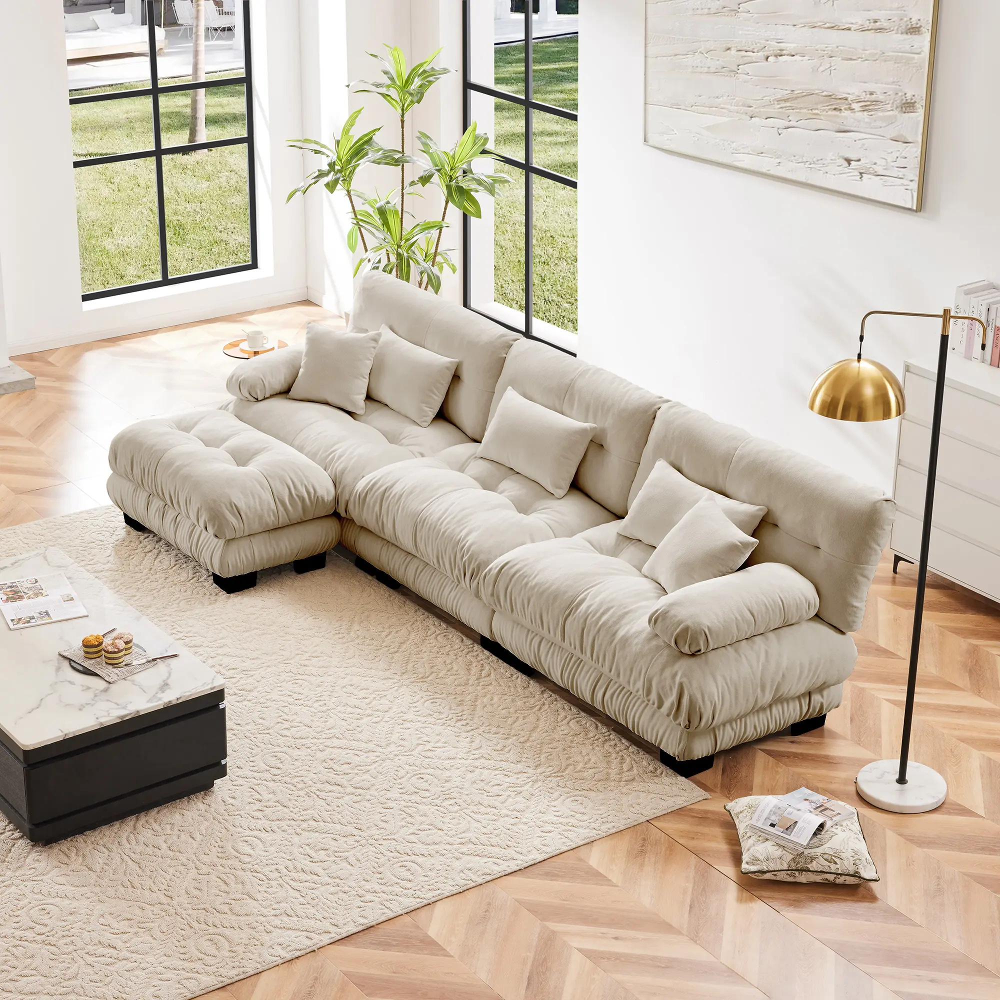 Vintage Luxury Modular L-Shaped Chenille Sectional Sofa Set, Oversize Seat Deep-Seat Living Room Couch with Bolster Arms, Convert-Ott Ottoman, Vacuum Packed Light Coffee Color