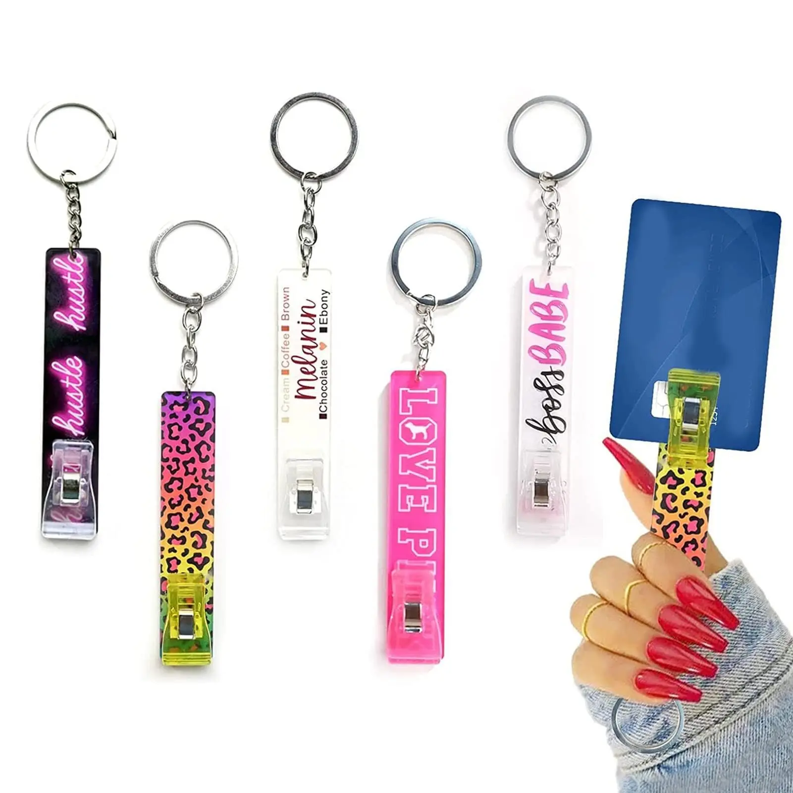 5 PCS Acrylic Card Grabber Keychain for Long Nails, Contactless ATM Debit Bank Card Puller Clip, Portable Card Extractor Tool for Girls