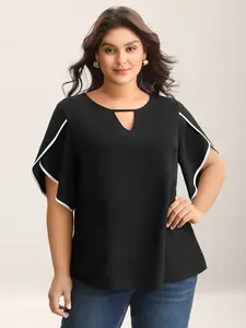 【Summer Turn-Up】BlOOMCHIC Plus Size Color Contrast Petal Sleeve Shirt - Lightweight 100% Polyester Fitted Top with Round Neck for Women Casual Summer Wear Blouse Womenswear Basic Black Minimalist [1x-6x] 2026 Summer Pick for Mother's Day