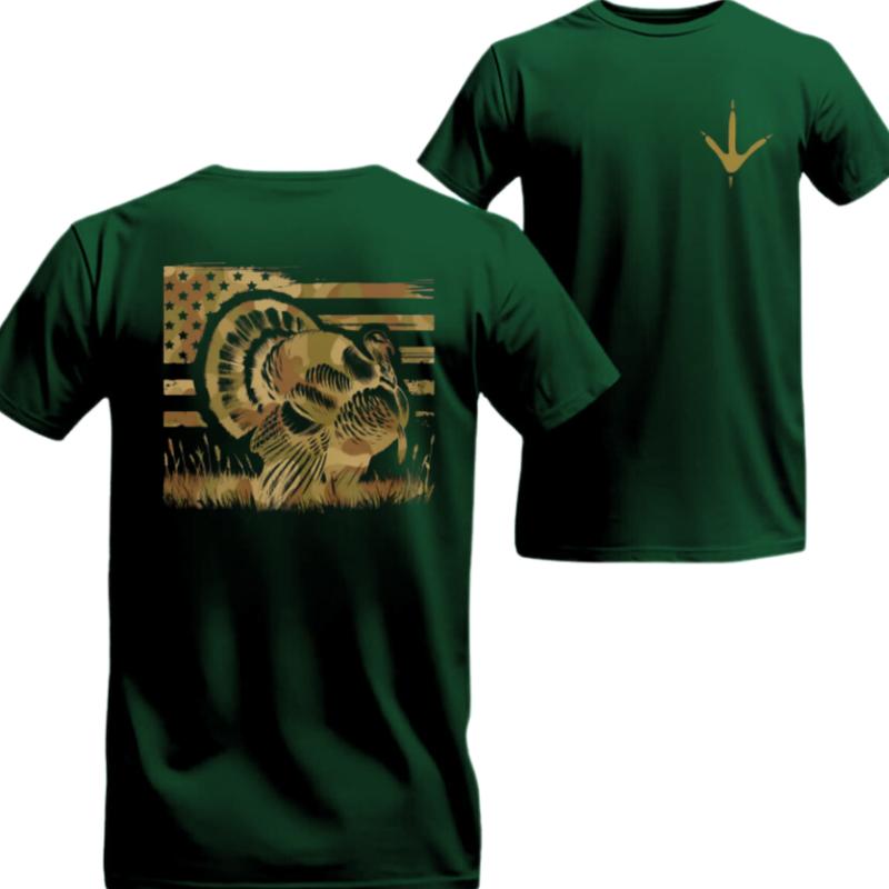 Wild Turkey Camo Flag T-Shirt – Patriotic USA Flag and Turkey Graphic, Tactical Hunting Style, Rugged Outdoor Streetwear Look, Unisex Fit – Trending TikTok Shop USA Spring 2025