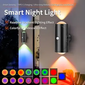 LED cylindrical semi embedded wall light, USB power supply, RGB gradient ambient light, adjustable color, inductive motion control, magnetic installation, easy to use for entrance, bedside table, desk, wardrobe
