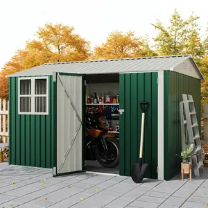 10X12 FT Storage Shed with Cross Windows & Lockable Door，Large Outdoor Metal Shed，Peaked Roof Garden Shed for Lawn Mower, Bike, Tools - All Weather Secure Storage