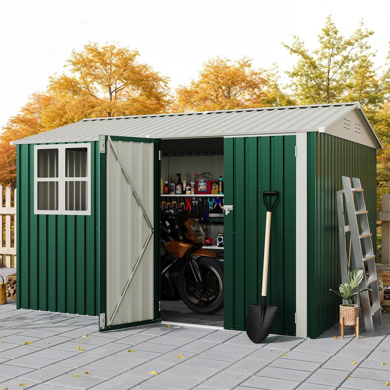 Durable Galvanized Steel Garden Shed - Heavy Duty Classic Peak-Sloping Rainproof Sunproof Roof, 450 CU.FT Lockable Doors, Natural Light Outdoor Storage Organizer for Gardeners’ Tools, Patio