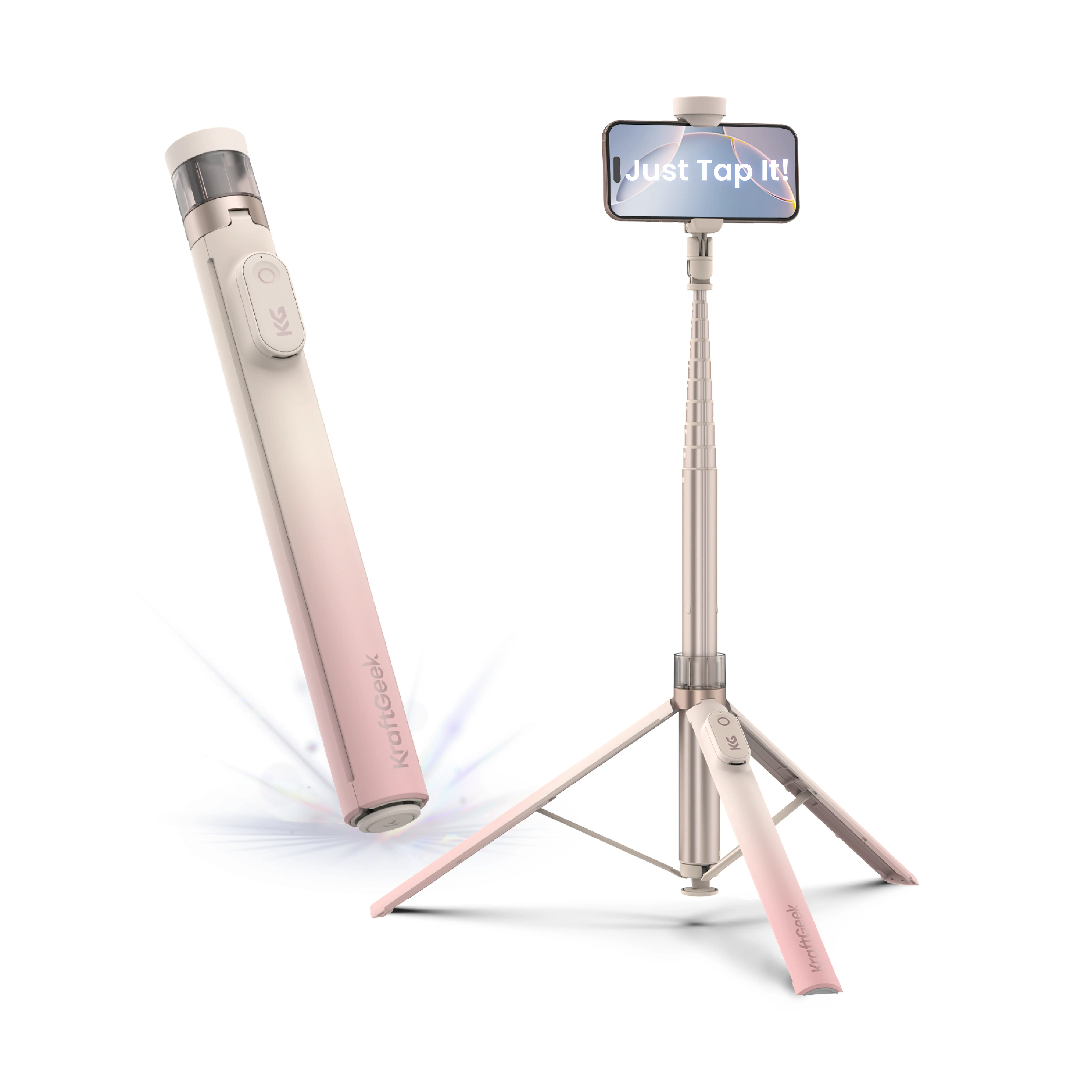 KraftGeek JustTap Ombré Peach - Tap-to-open Pink Phone Tripod with Cold Shoe Mount, Smartphone Vlogging Kit for Enhanced Video summerwins