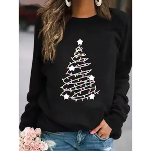 Women's Christmas Tree Print Crew Neck Sweatshirt, Casual Long Sleeve Pullover for Fall & Winter, Women's Clothes for Daily Wear