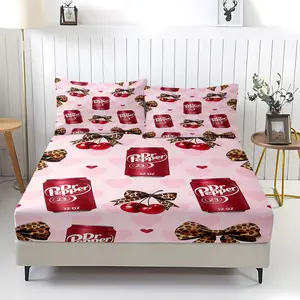 Dr Pepper pattern printed bed sheet, including 1 bed sheet and 2 pillowcases, anti slip dust cover suitable for bedrooms and guest rooms, suitable for personal use or gift giving