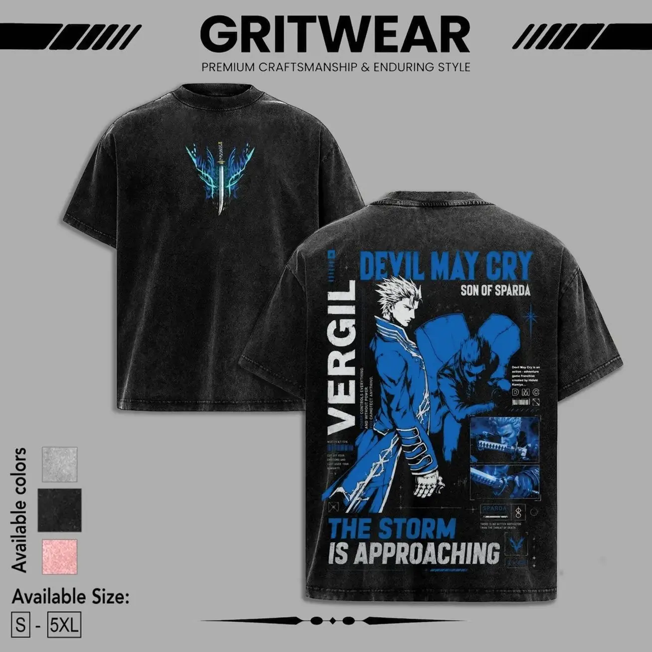 Devil May Cry Graphic Tee Vergil Yamato Sword Pop Art Vintage Wash Tee, Streetwear Y2K Merch Tee Gift For Game Fan Clothes E98