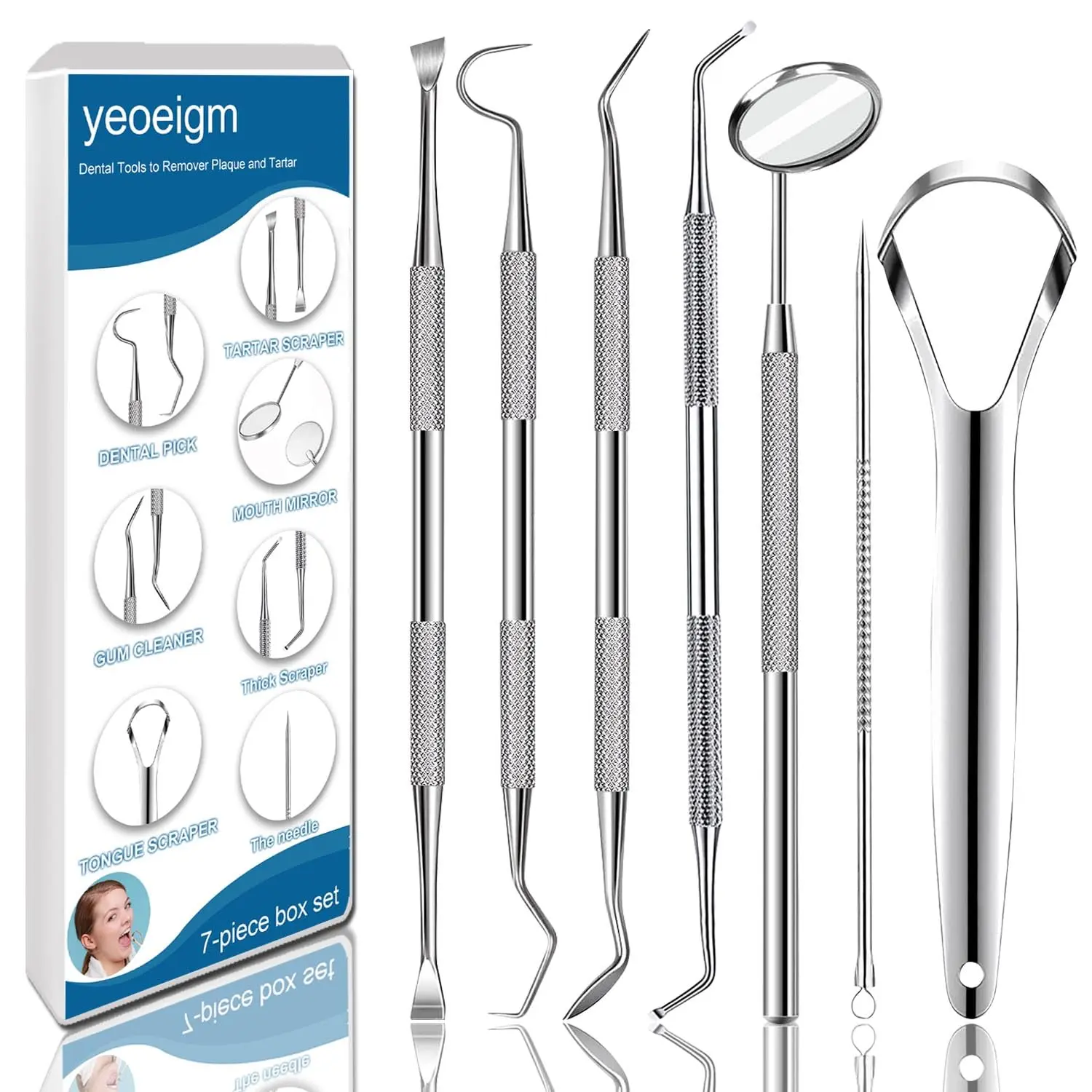7-Piece Durable Stainless Steel Oral Dental Cleansing Kit with Ergonomic Handle - Tongue Scraper, Metal Tongue Scraper, Tooth Pick, Plaque Tartar Remover, Storage Case for Daily Clean, Fresh Breath Care [2026 New Deal]