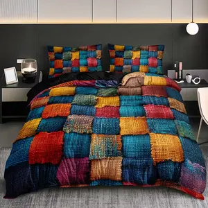 3-Piece Vintage Color Block Checkered Bedding Set, Bedsheet Sets, Ultra-Soft Polyester, Oil Painting-Inspired Pattern, Bohemian Rainbow Vibe, Boho Bed Set, One Size