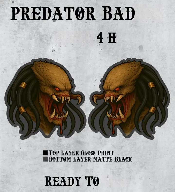 RTS Predator FULL COLOR car badges - Ready to Ship 2-Pack 3.7x4 Inches Hybrid Style Badges with Full Color Top Layer and Matte Black Bottom Layer