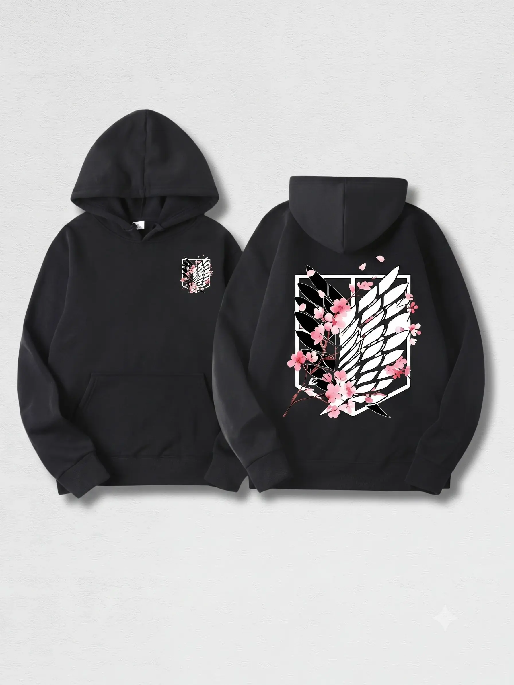Men's Sakura Wings Of Freedom Hoodie - Scout Regiment, Cherry Blossom Anime Graphic, Japanese Aesthetic, Boxy Fit, Unisex Black Streetwear Pullover, Anime Fan Gift Top