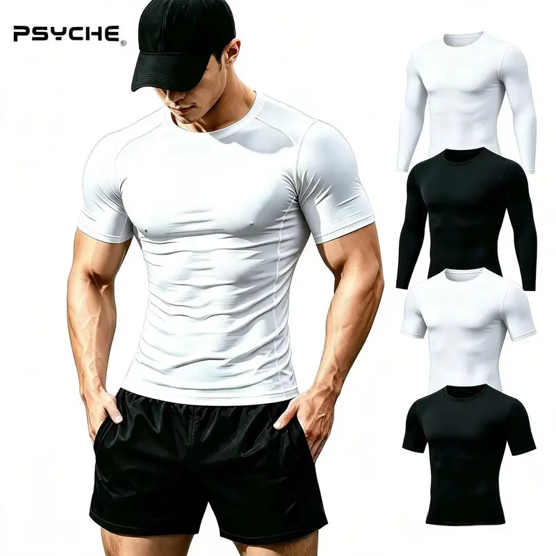 PSYCHE Men's 3-Piece Compression Workout Set - Long Sleeve Compression Shirt, Pants, Shorts - Professional Base Layer Athletic Outfits for Gym, Football, Badminton