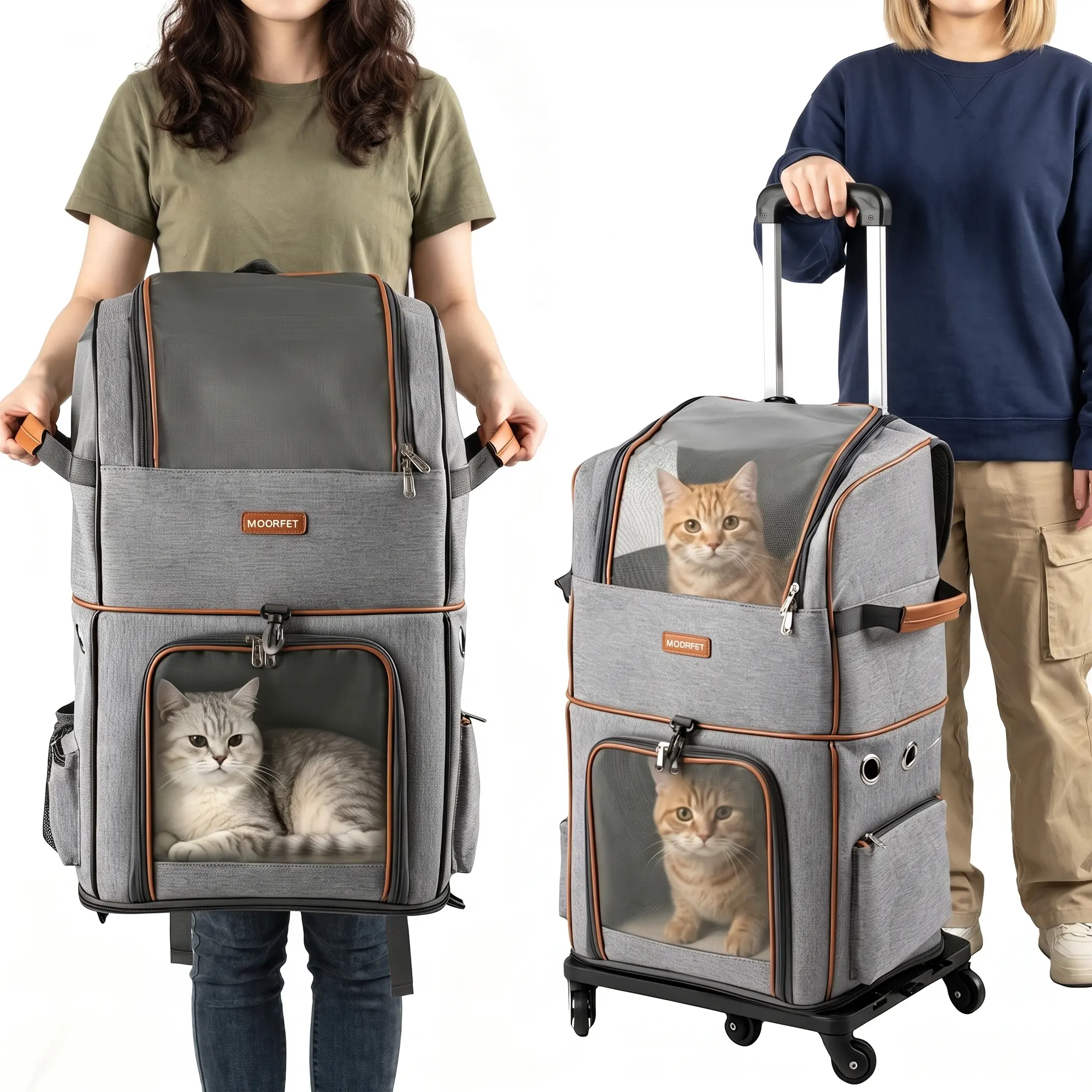 2-Tier Rolling Pet Carrier for Cats & Small Dogs, Double-Decker Luggage-Style Travel Crate with 5 Silent Wheels, Built-in Leash, 2 Removable Mats, Breathable Mesh, Telescopic Handle, Multiple Storage Pockets, Perfect for Travel,   Pet Adventure Gear