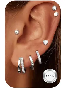 14 Pcs S925 Silver Needle Hoop Earrings Set for Women, 14k Gold Plated Small Stud Earrings, Rhinestone Design, Casual Trend Jewelry Gifts, Studs Earrings, Stud Earring Pack