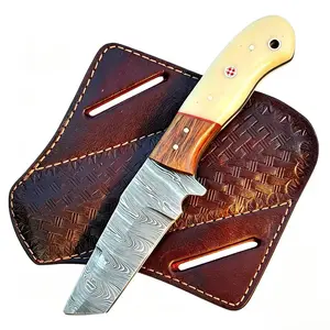 7.5'’ Handmade Damascus Bull cutter knife Outdoor Hunting knife,  Fishing and Camping Knife EDC Fixed blade electrician Knife, Cowboy knife, Utility Knife With Classic Pancake leather Sheath (Rose wood bone)
