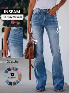 Women's Gradient-Color Slim-Fit Bootcut Jeans with Button, Fashion Mid-Rise Stretchy Washed Denim Pants, Bohemian Style for All Seasons Fitted