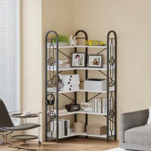 32.91*32.91*72.05 Inch 5-Tier Open Corner Bookshelf, Painted Steel Frame Storage Rack with Adjustable Feet and Anti-Tilt Design, Multi-Functional Freestanding Organizer for Home Office Garage Basement Kitchen