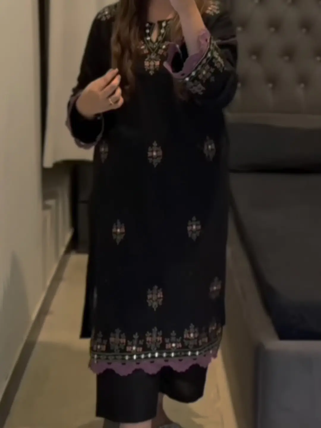 Embroidered cotton lawn shirt with mirror work co-ord Set with plain trouser