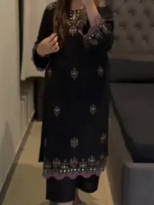 Embroidered cotton lawn shirt with mirror work co-ord Set with plain trouser