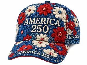 America 250 Floral Embroidered Baseball Cap, 1776-2026 USA 250th Independence Anniversary Patriotic Hat, Red White Blue Flower Pattern Adjustable Trucker Hat for Men Women