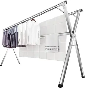 63 Inches Clothes Drying Rack, Drying Rack Clothing Folding Indoor Outdoor, Heavy Duty Stainless Steel Laundry Rack, Foldable Portable Large Clothes Rack Garment Rack with 20 Windproof Hooks
