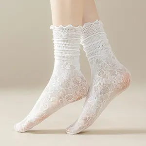 5 Pack and Ruffle Lace Ankle Socks for Women, Summer Thin Medium Tube Socks for Lolita and Dance, Cozy Footwear