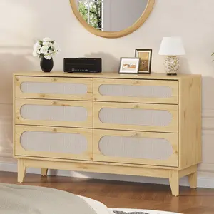 Yellow Dresser with Charging Station 6 Drawer Rattan Wood Chest with Solid Legs Multi Size Storage Cabinet for Bedroom Living Room Wood Color