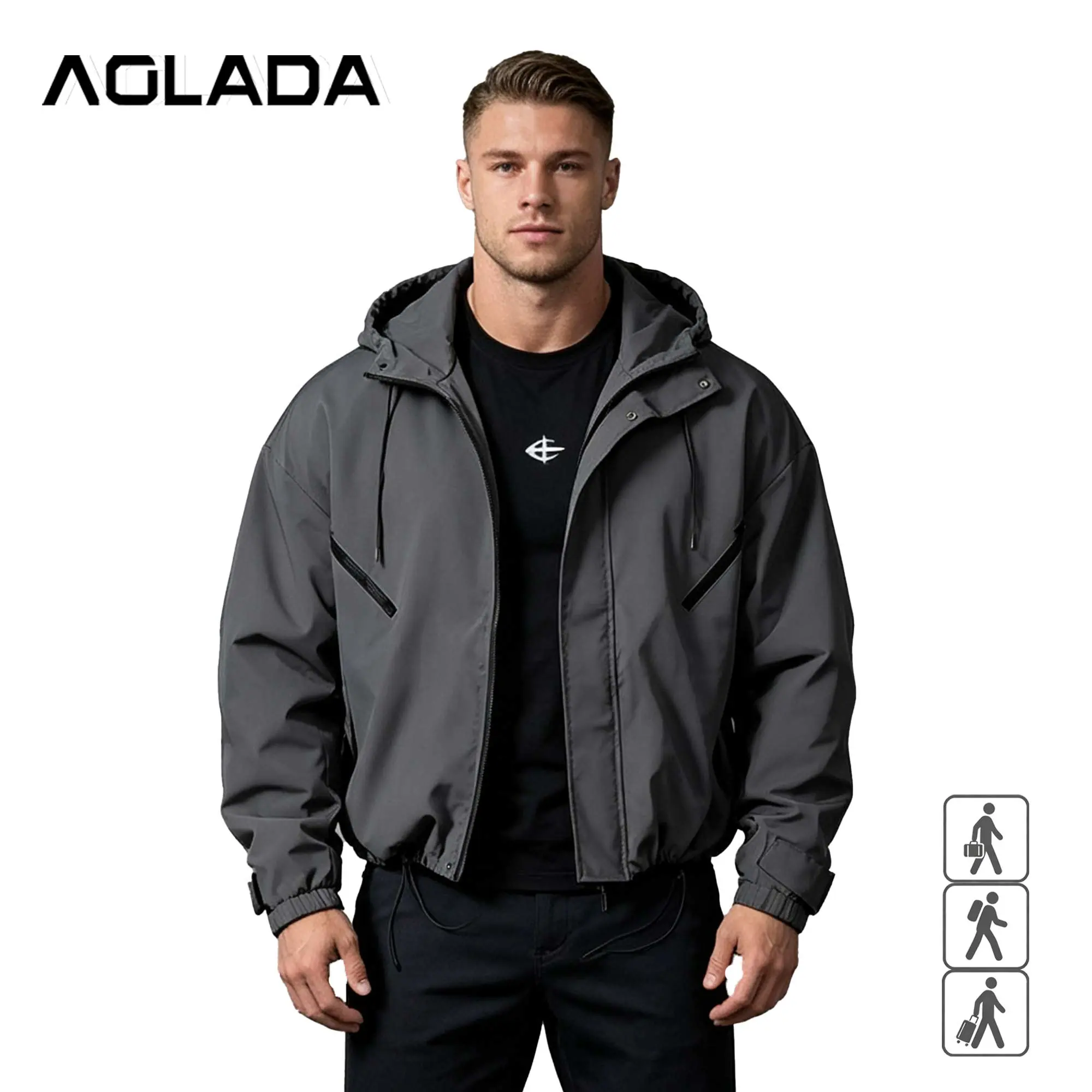 Men's Hooded Tech Wear Jacket - Lightweight Polyester Windbreaker, Short Relaxed Fit All Seasons Outerwear with Zipper Pockets, Adjustable Cuffs, No-Logo, S-XXL, Cold Wash, Fast US Shipping #TechWearJacket #WindbreakerStyle #TikTokMadeMeBuyIt, Medium Leng
