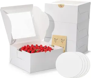 White Cake Boxes 10 Inch with Window 4 Set Bakery Boxes with Cake Boards & Stickers, Tough Containers for Layer Cakes, Cupcakes, Desserts  Safe Packaging10x10x5 inch