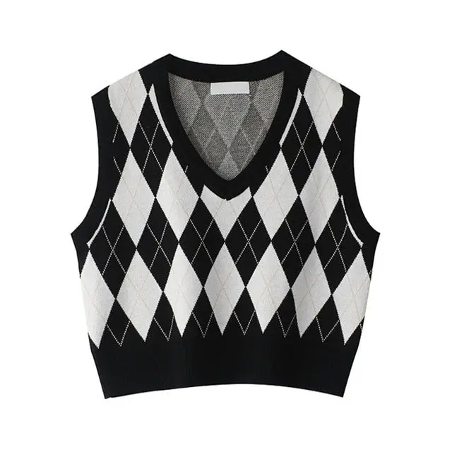 Vintage Plaid V Neck Sweater Tank Top for Women