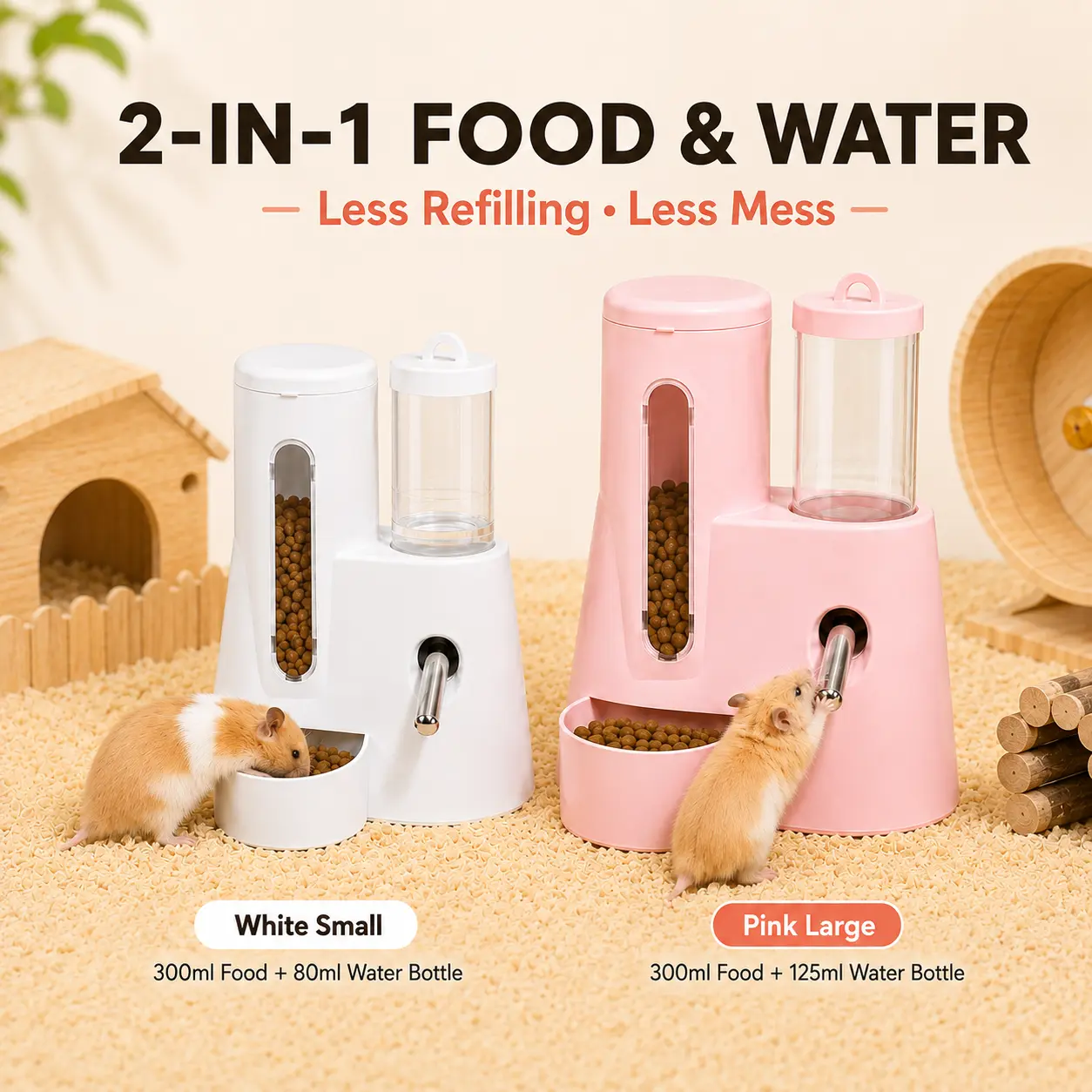 2-in-1 Auto Feeding Hamster Food Storage Container & Water Dispenser, 300ml Food Capacity, 80ml/125ml Water Bottle with Rolling Ball Nozzle, Separate Bowl for Small Pets (Hamsters, Gerbils, Mice), Food Storage Containers