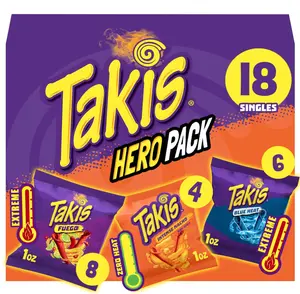 Takis 18 pc / 1 oz Hero Variety Pack, Assorted Flavored Mixed Rolled Tortilla Chips – (8) Fuego, (6) Blue Heat, (4) Intense Nacho