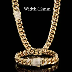 [LUMI53] 12MM Stylish 316L Stainless Steel CZ Cuban Chain Set, Stylish Men's Necklace Bracelet Set Hip Hop Men's Bracelet, Jewelry for Men