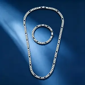 925 Silver Plated Figaro Chain Necklace & Bracelet Set, 50-60cm(19.7-23.6") Necklace, 20cm(8") Bracelet, 4mm Width, Hypoallergenic Tarnish Resistant Unisex Jewelry Gift