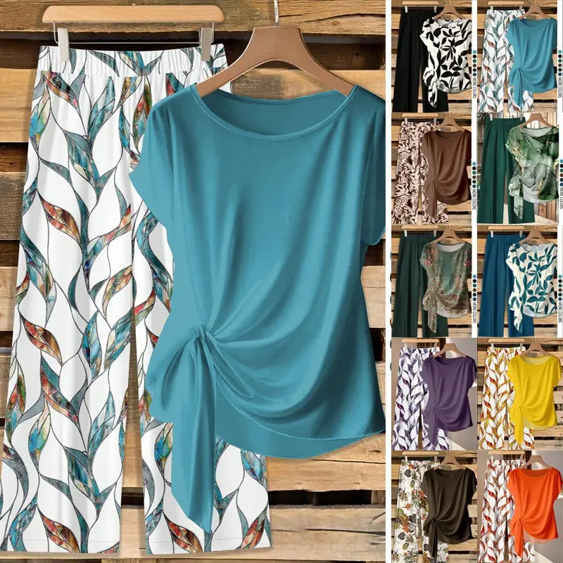 Women's 2-Piece Printed Short-Sleeve Twist Top & Wide-Leg Pants Clothes Set, Lady's Regular-Sleeve Casual Outfit