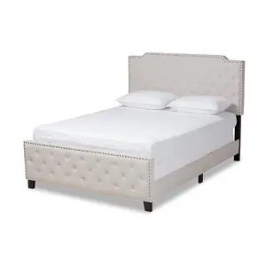 212 MAIN Marion Beige Linen-Like Fabric Upholstered Button Tufted King Size Panel Bed - Transitional Platform Bed with Wood Frame, Indoor Bedroom Furniture