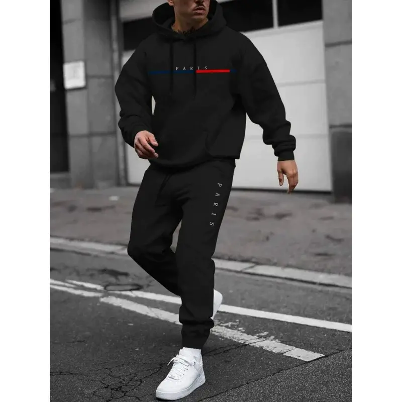 Men's Thermal Lined Letter Print Hoodie & Pants Two-Piece Set, Casual Regular Fit Long Sleeve Hooded Sweatshirt & Jogger Pants for Fall & Winter, Men's Outfits for Daily Wear