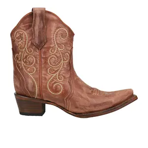 Corral Boots Womens Triad Embroidered Snip Toe Pull On  Casual Boots Ankle Mid Heel 2-3" - Brown